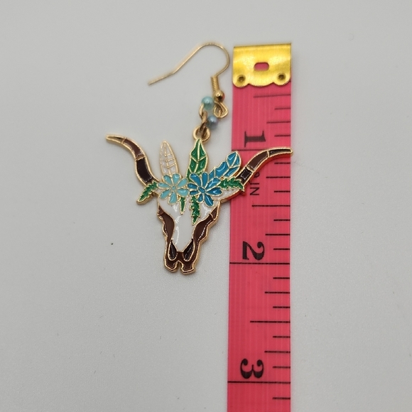 Handmade Brown and Blue Longhorn Skull Earrings – 2" Statement Dangles - Picture 3 of 6